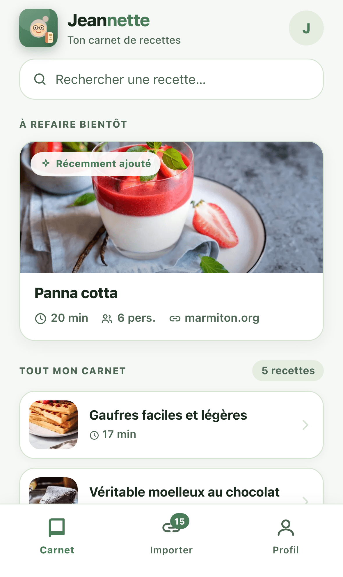 Le carnet de recettes de Jeannette avec une panna cotta en avant et une liste de recettes en dessous.
