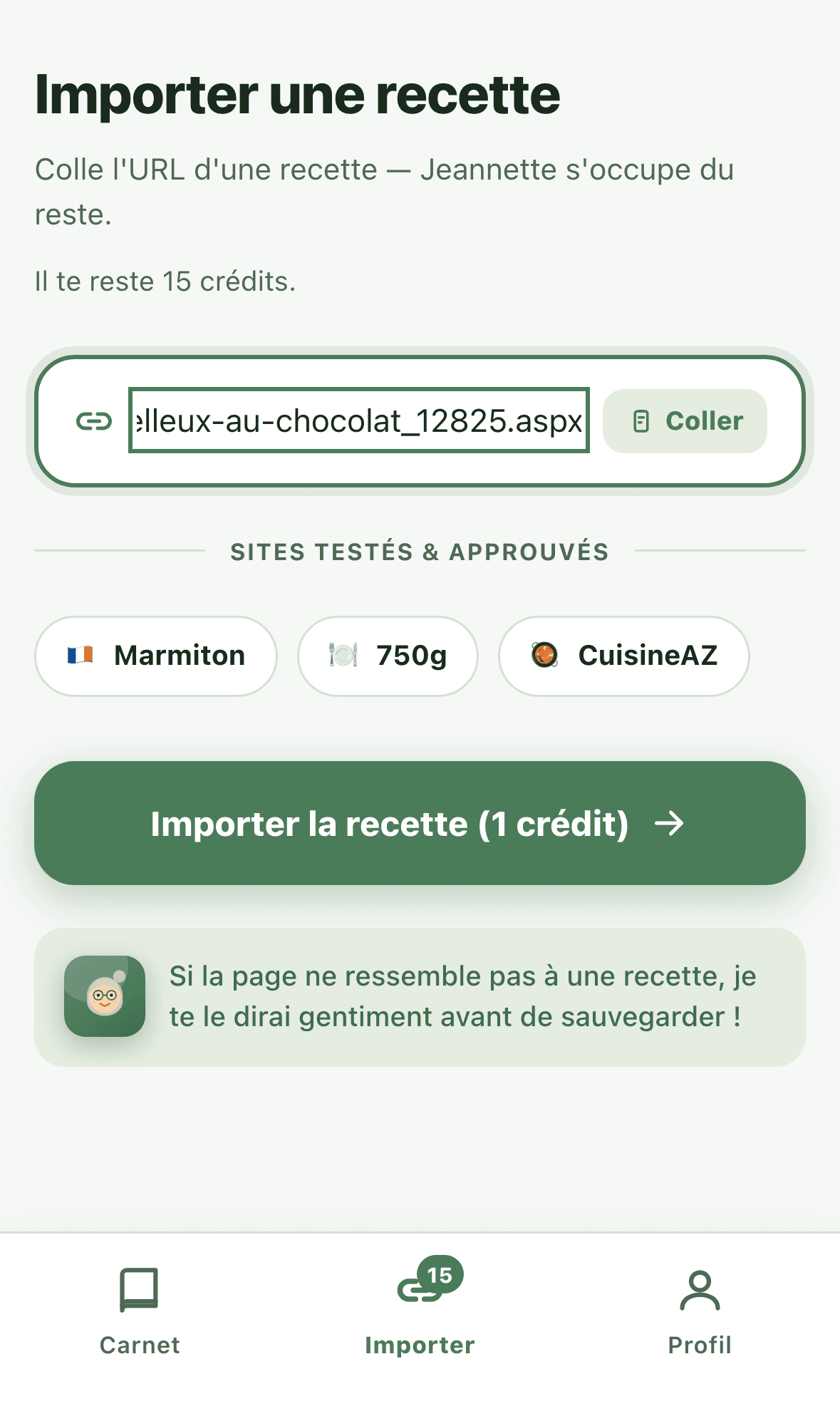L'écran d'import de Jeannette avec un champ pour coller une URL et la liste des sites supportés.